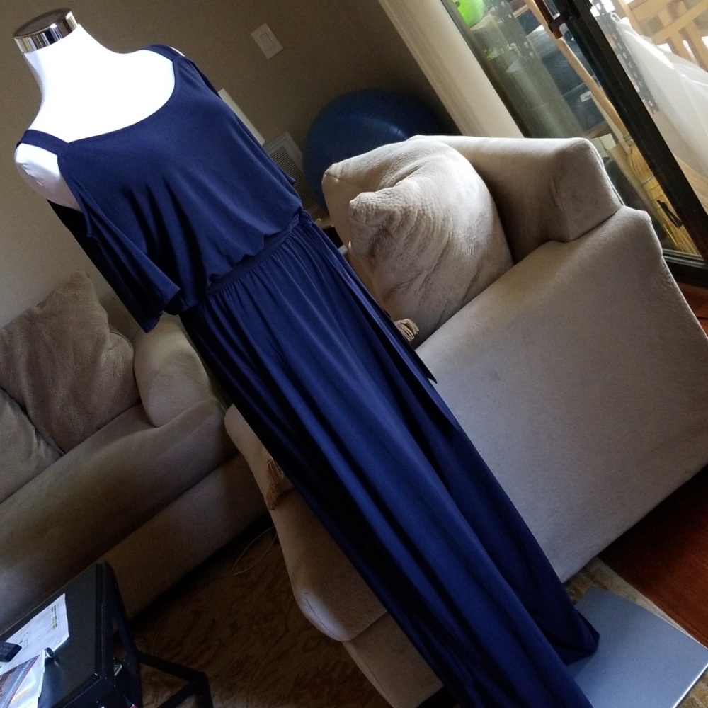 Emma & Michele navy blue cold shoulder jumpsuit